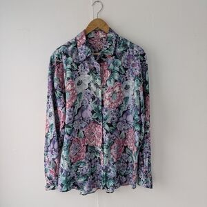 Vintage Silk Cupro Feel Blouse Minimalist Floral Multicolor
